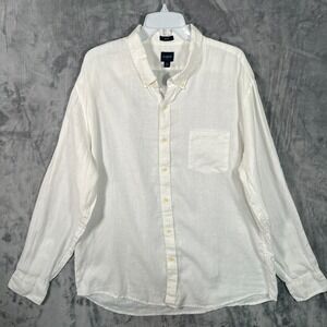 J Crew Linen White Button Down Shirt Mens 2XL Long Sleeve Pocket Slim